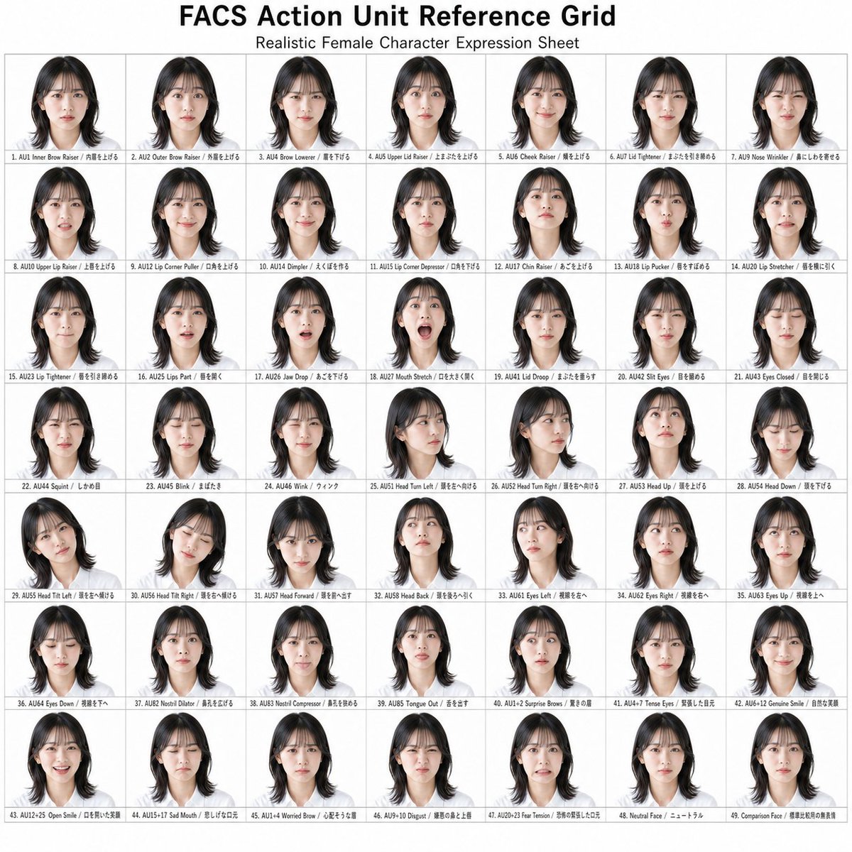 AI Prompt for Female Facial Action Unit Reference Sheet