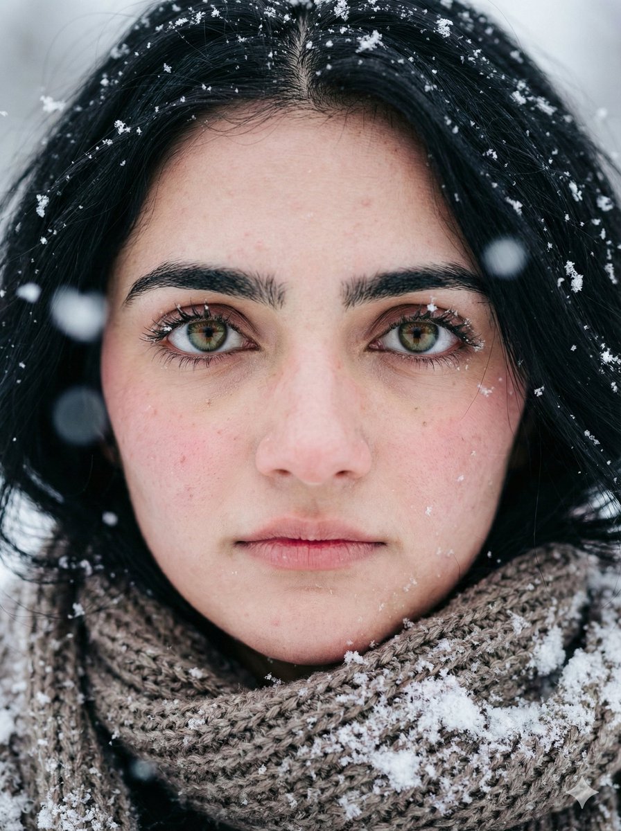 AI Prompt for Hyper-Realistic Winter Portrait with Long Hair and Hazel Eyes