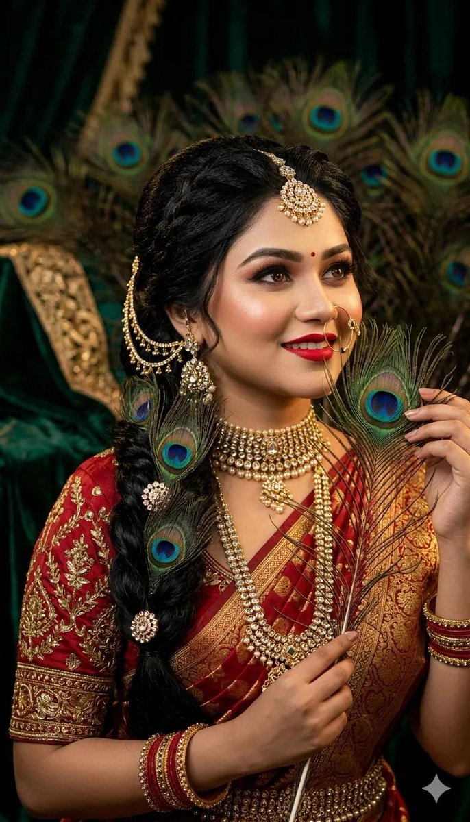 AI Prompt for Indian Bridal Portrait with Peacock Feather Background