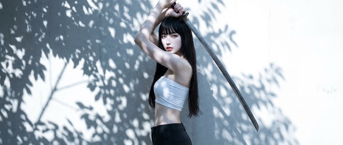 AI Prompt for Japanese Beauty Portrait with Katana Pose and High-Contrast Lighting