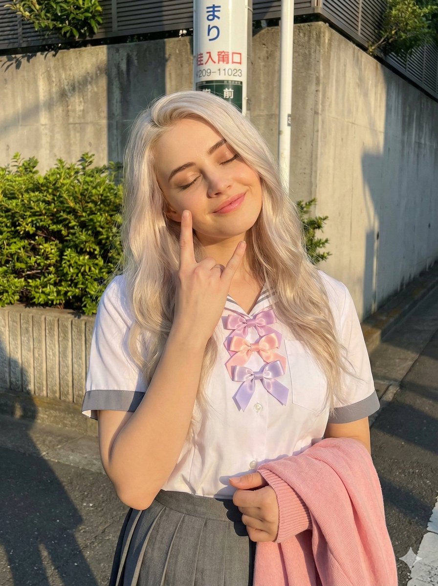 AI Prompt for Japanese School Girl Portrait with Rock On Gesture in Golden Hour