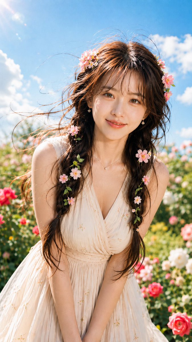 AI Prompt for Japanese Woman Portrait in a Morning Flower Garden with 85mm Lens Effect