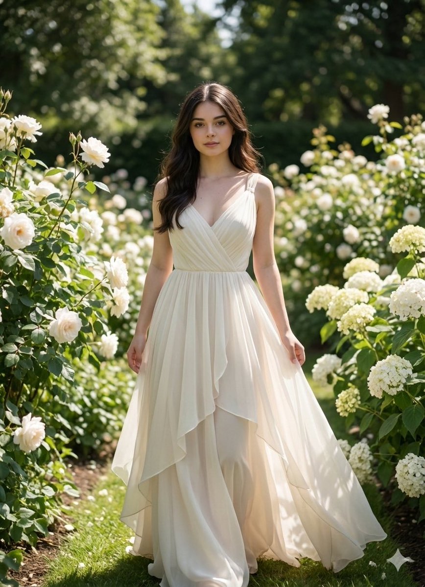 AI Prompt for Luxury Daytime Garden Portrait in Ivory Gown