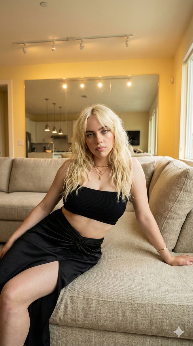 AI Prompt for Photorealistic Billie Eilish Portrait in Luxe Modern Living Room