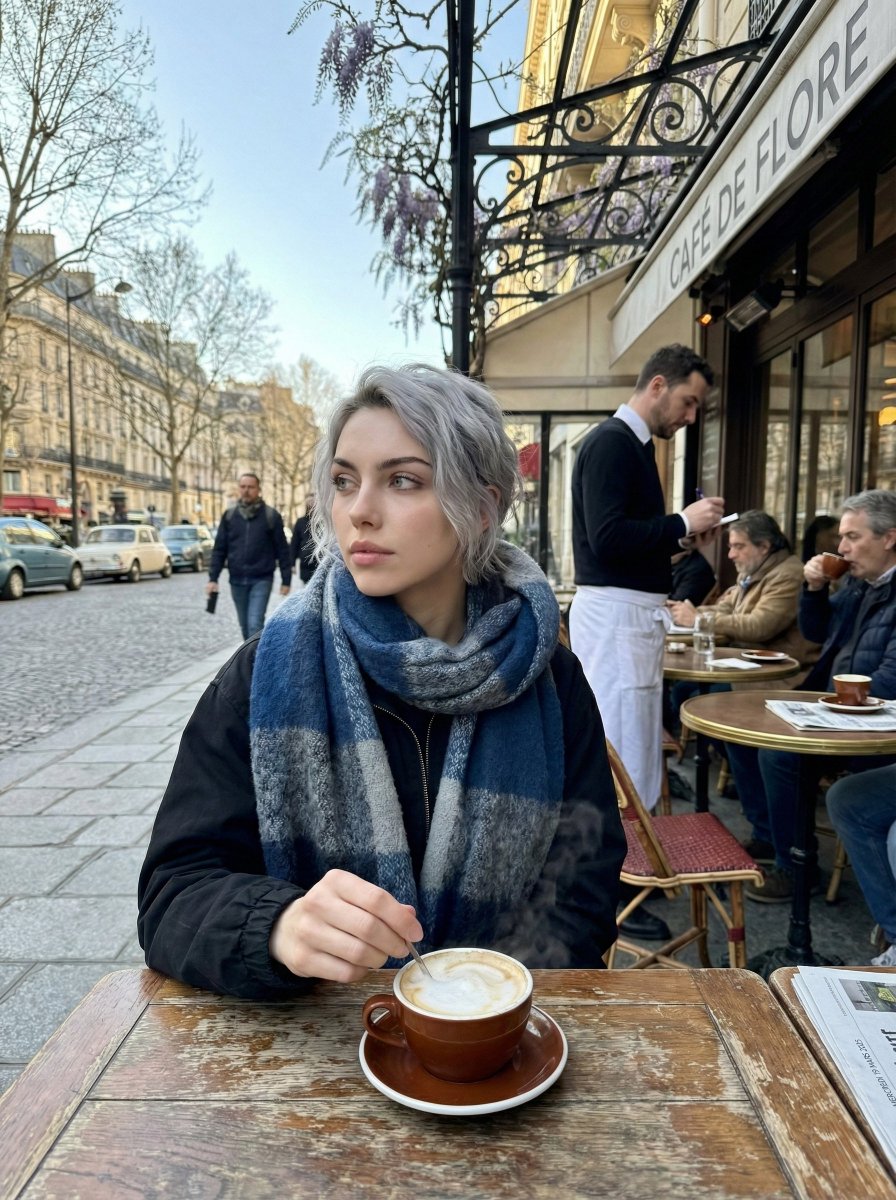 AI Prompt for Photorealistic Parisian Cafe Scene: Young Woman in Spring Morning Light