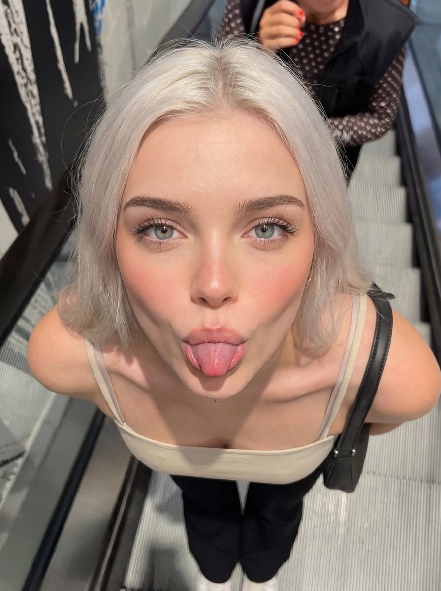AI Prompt for Playful High-Angle Portrait on Escalator