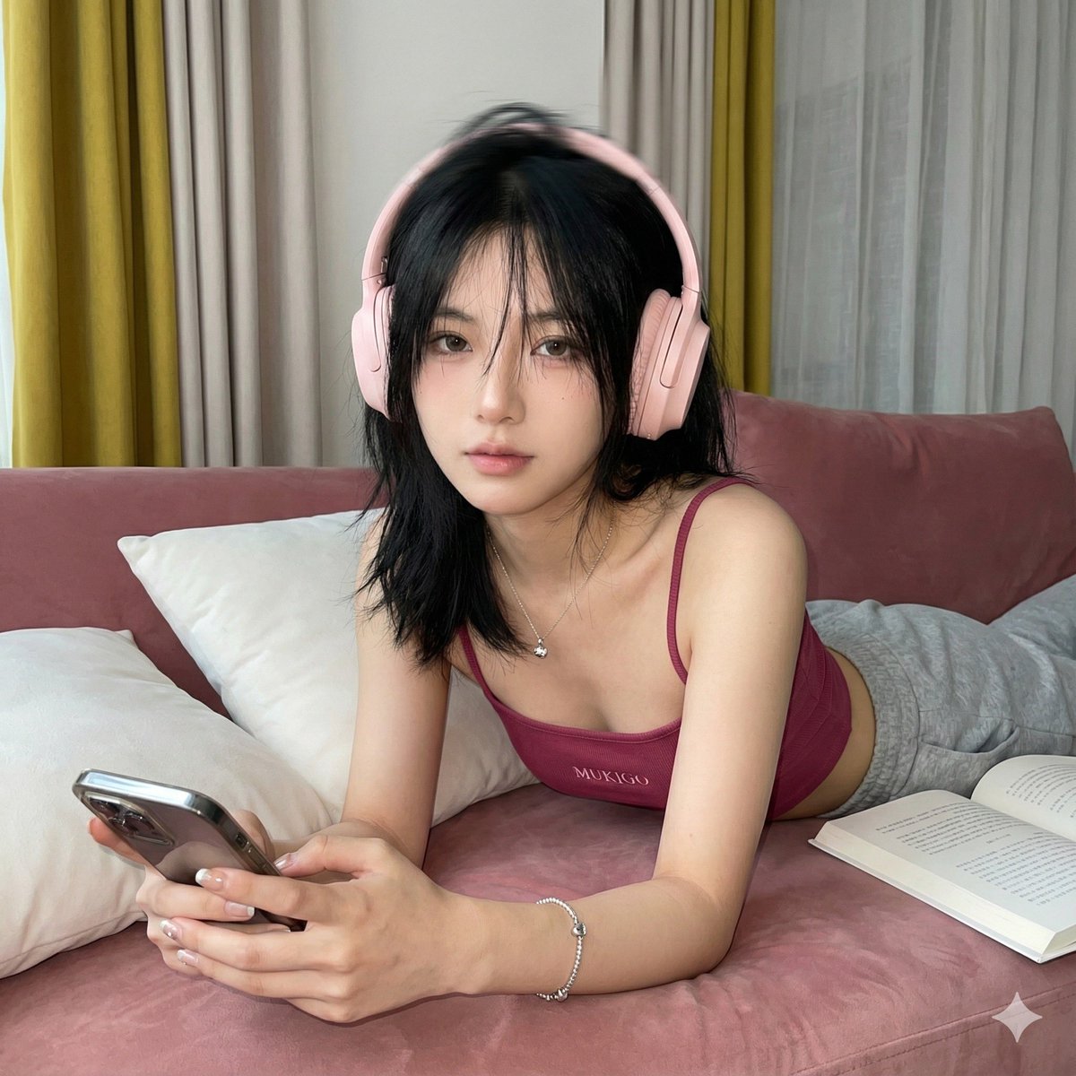 AI Prompt for Realistic Female Portrait on Velvet Sofa