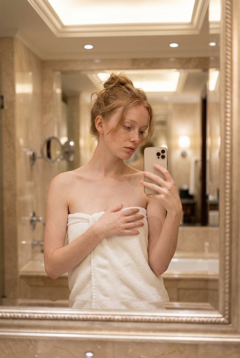 AI Prompt for Stunning Young Woman Marble Bathroom Selfie