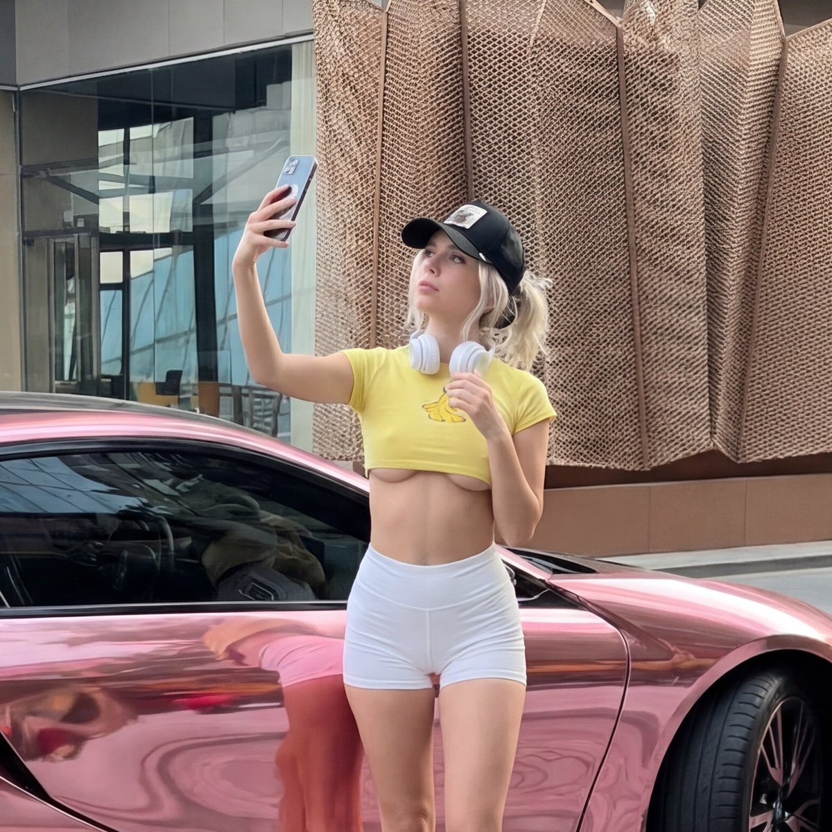 AI Prompt for Viral Chrome Pink BMW Selfie: Luxury Urban Portrait