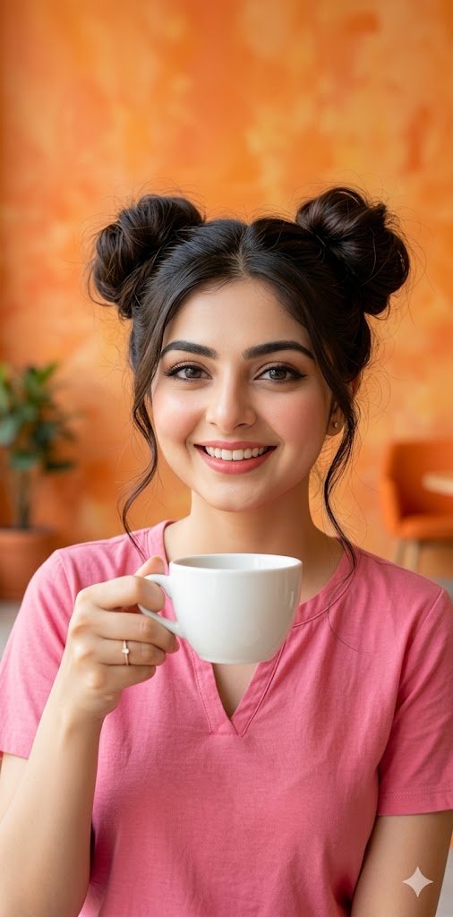 AI Prompt: Generate Cheerful Portrait of Young Woman with Coffee
