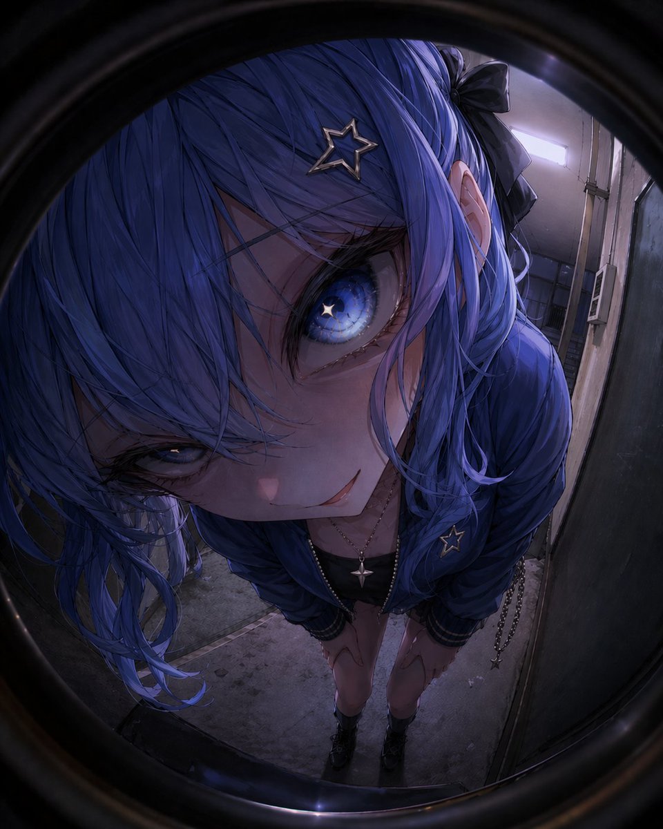 Anime Girl Through a Peephole: Blue Hair & Star Details