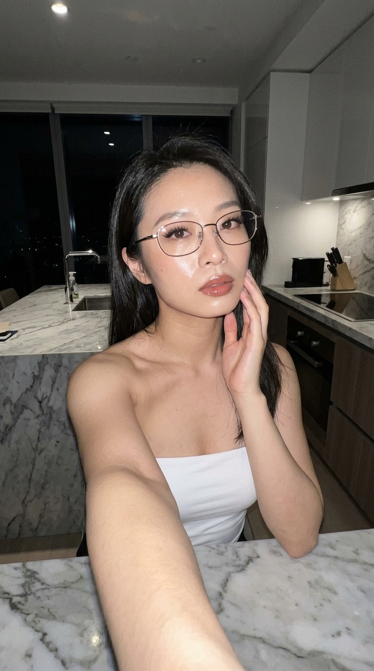 Bold Selfie Portrait with Fox-Effect Lashes & Glossy Skin