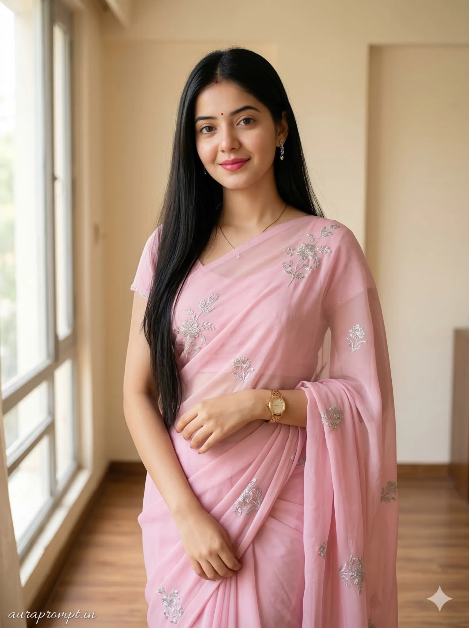 Bollywood retro indoor portrait, pink saree