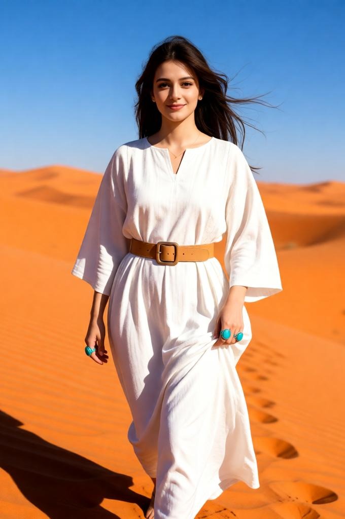 Cinematic Desert Portrait of Woman in White Kaftan