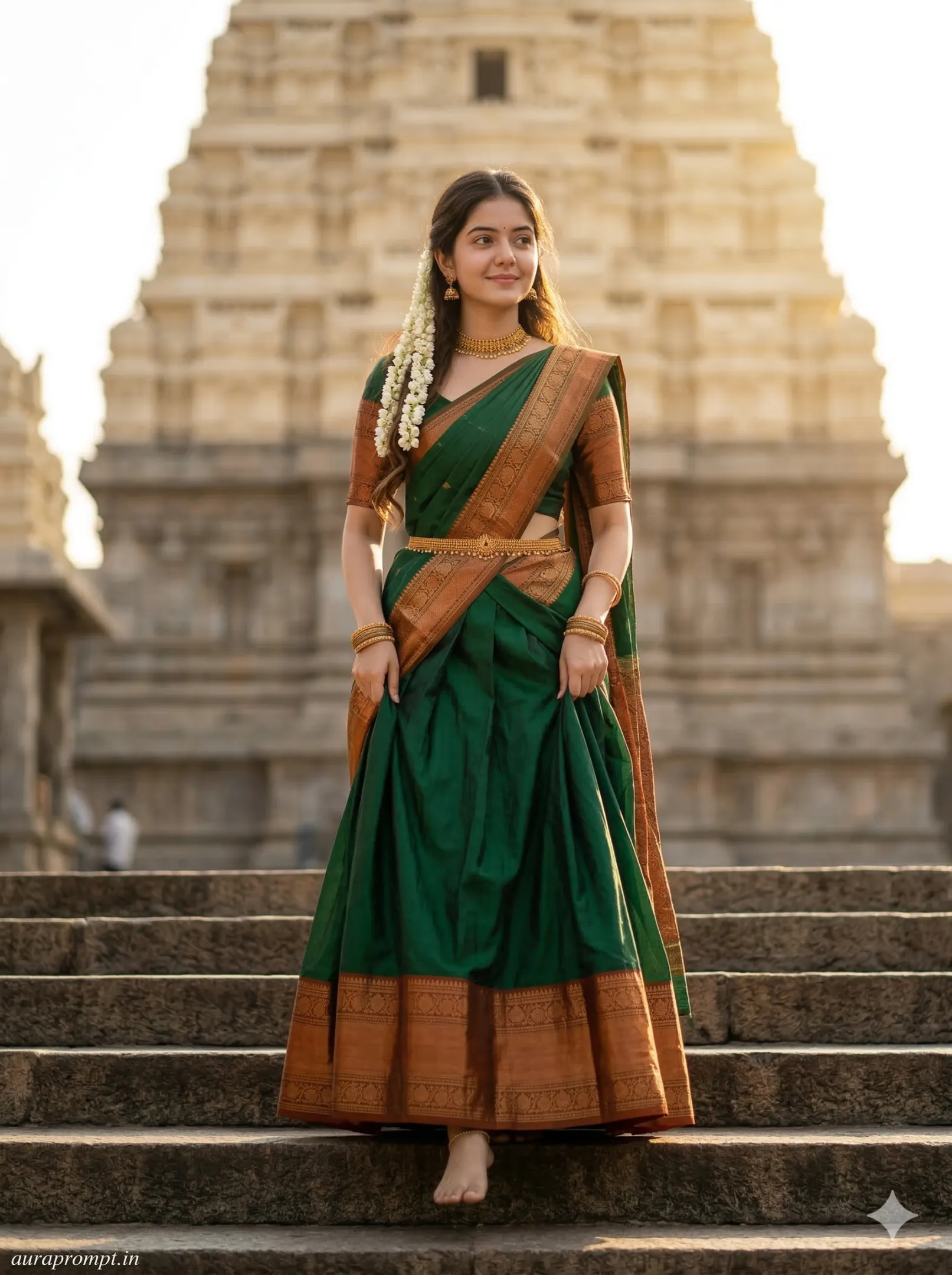 Cinematic Indian Woman in Kanjivaram Saree at Temple