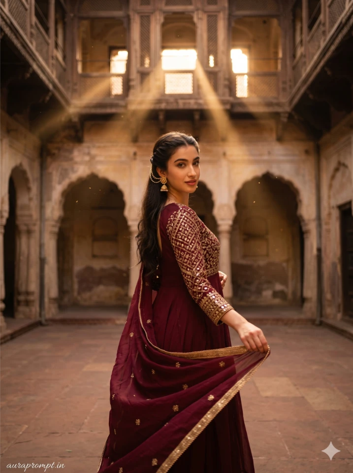 Cinematic Maroon Anarkali Editorial Portrait | Haveli Shoot