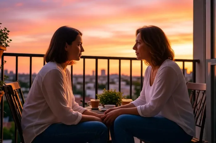 Cinematic Sunset Mother Daughter Balcony Scene