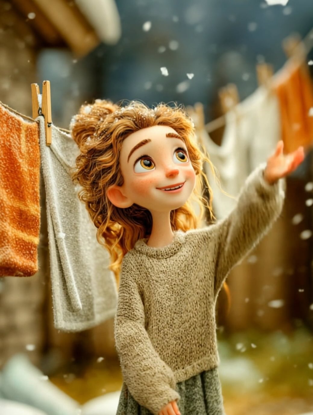 Cinematic Winter Portrait of a Joyful Girl in Snowfall