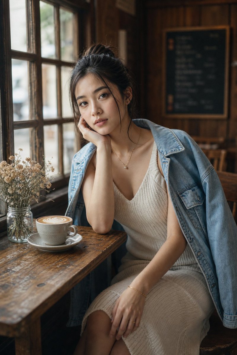 Cozy Café Portrait: Rustic Window Latte Scene