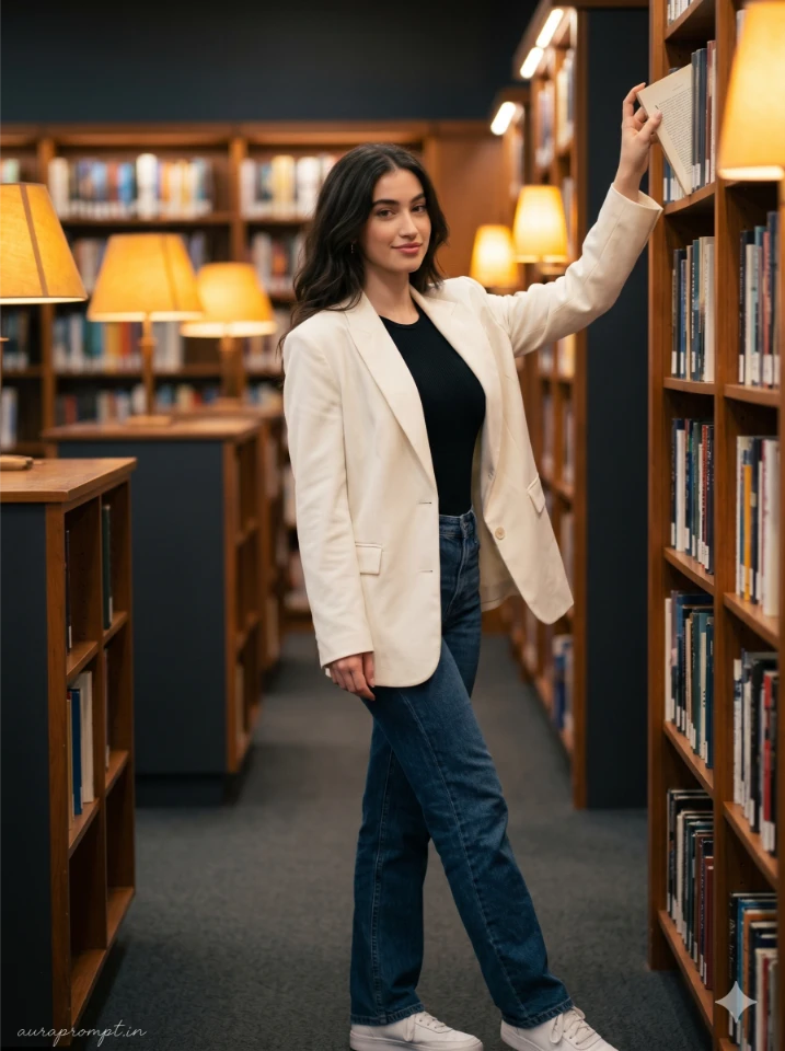 Cozy Warm Library Portrait Prompt for AI Photo