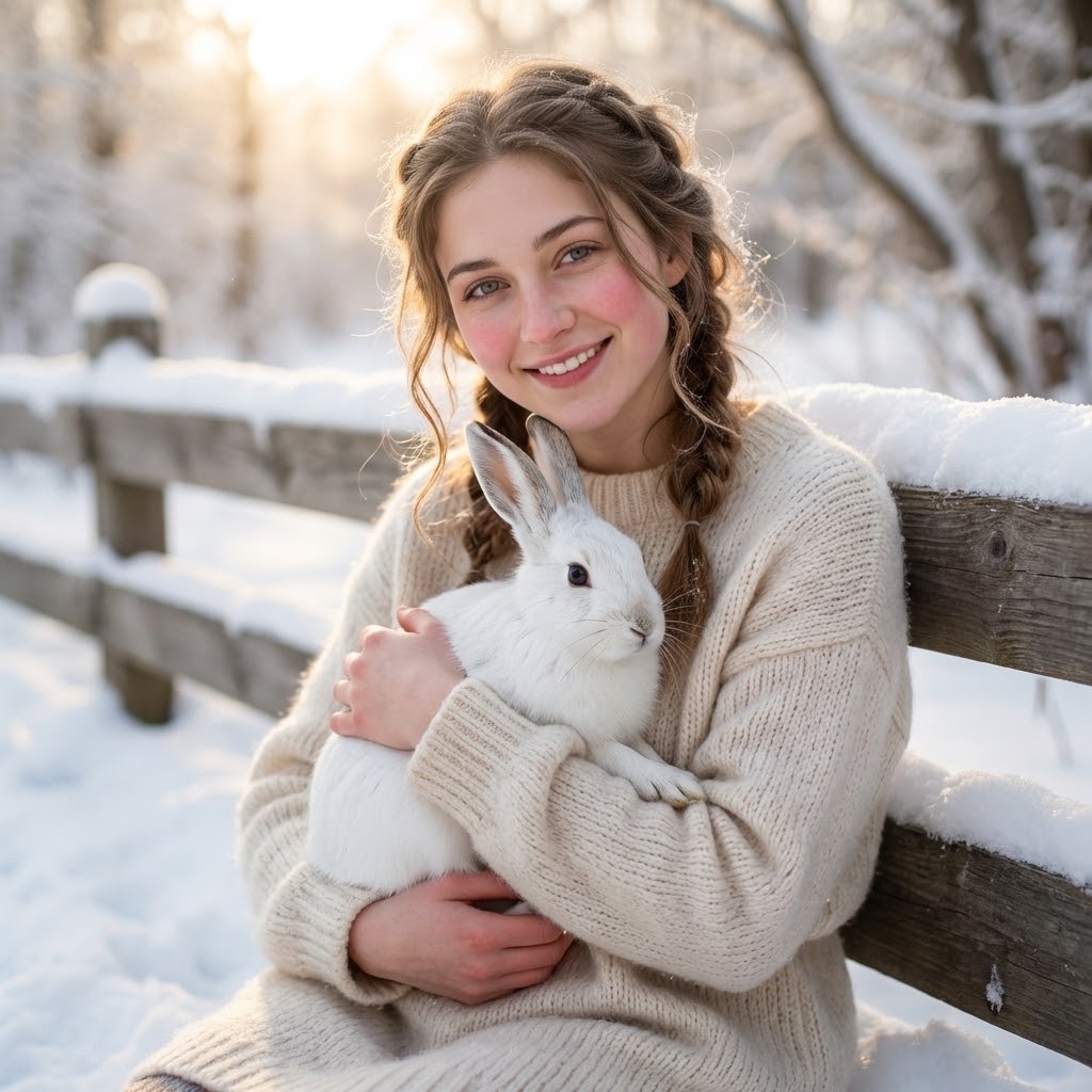 Cozy Winter Portrait of Girl with Hare