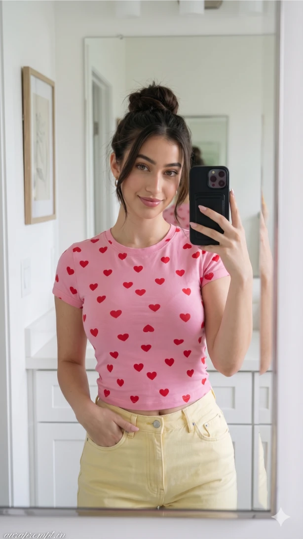 Cute Pink Heart Top Mirror Selfie AI Portrait Prompt | Ultra-Realistic