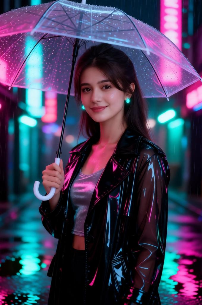 Cyberpunk Neon Portrait of Woman Under Umbrella