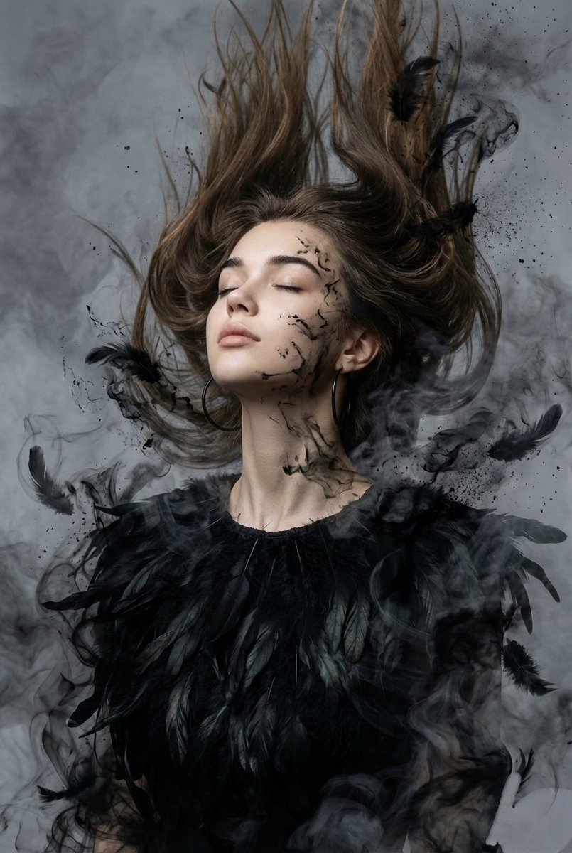 Dark Surreal Feather Woman Cinematic Portrait