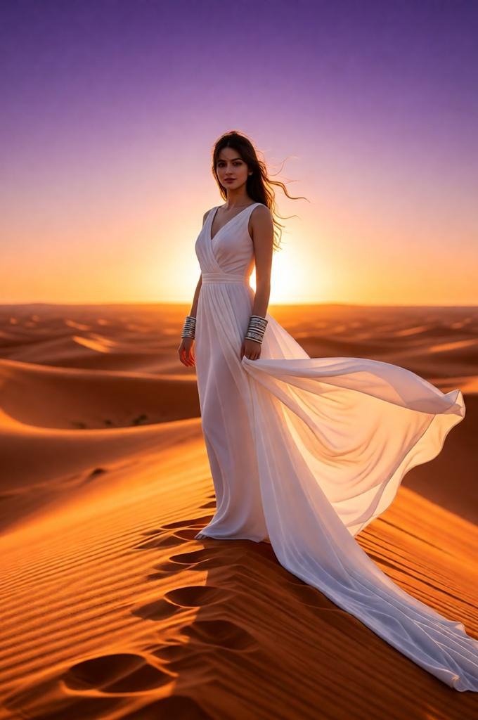 Desert Sunset Goddess Portrait – 8K Realistic Photo