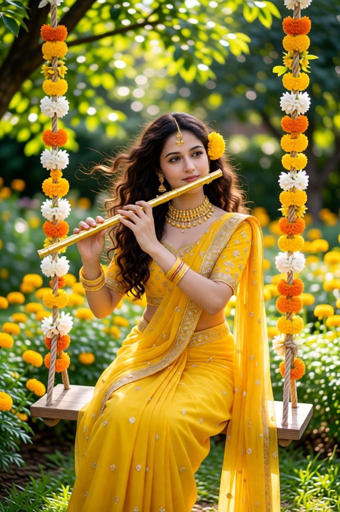 Devotional Cinematic Portrait of Woman on Floral Swing