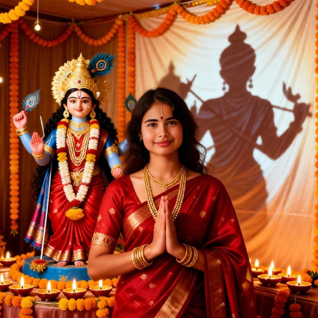 Devotional Navratri Portrait: Indian Woman in Red Saree