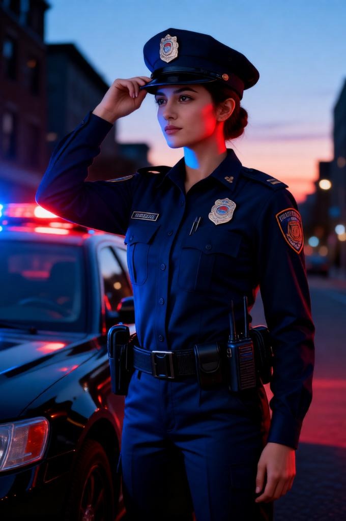 Dramatic Female Police Officer Portrait by Patrol Car