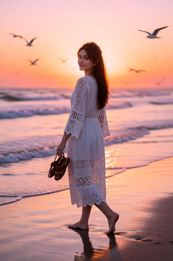 Dreamy Coastal Woman Portrait – 8K Backlit Beach Scene