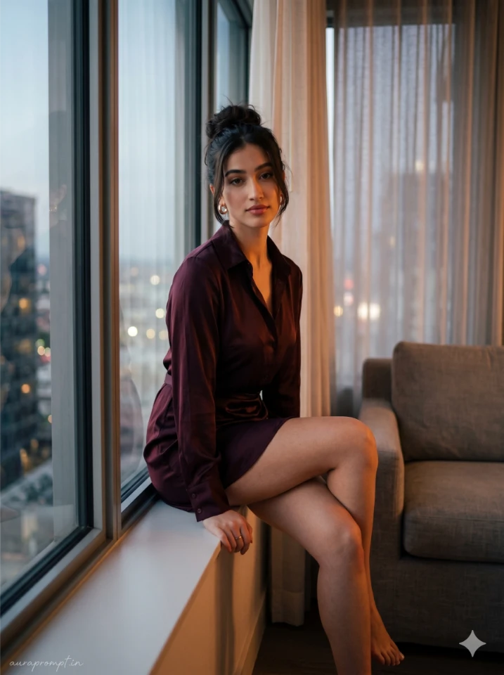 Dreamy Indian Woman in Burgundy Satin Dress Editorial