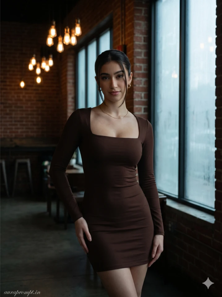 Edgy Café Editorial Look: Indian Girl in Chocolate Bodycon Dress | Moody AI Photo Prompt