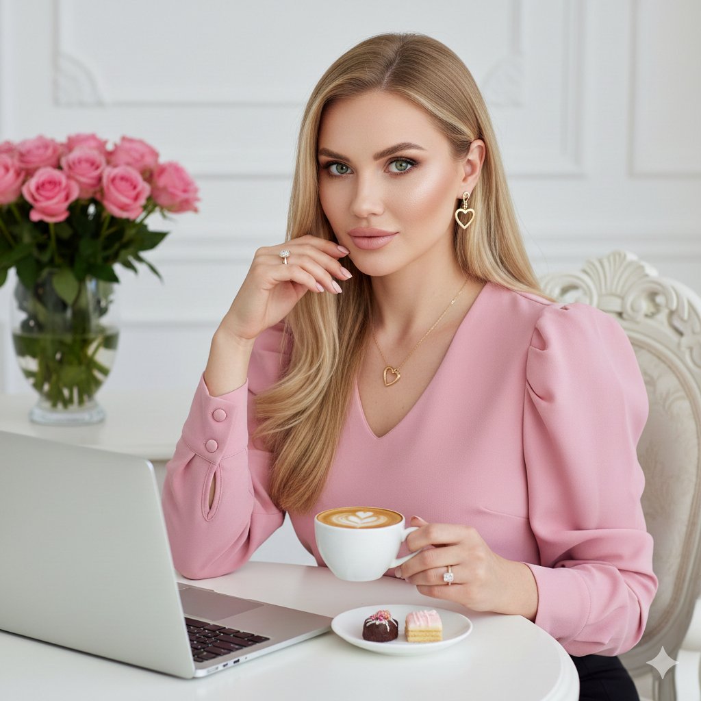 Elegant Blonde Woman Professional Portrait with Coffee