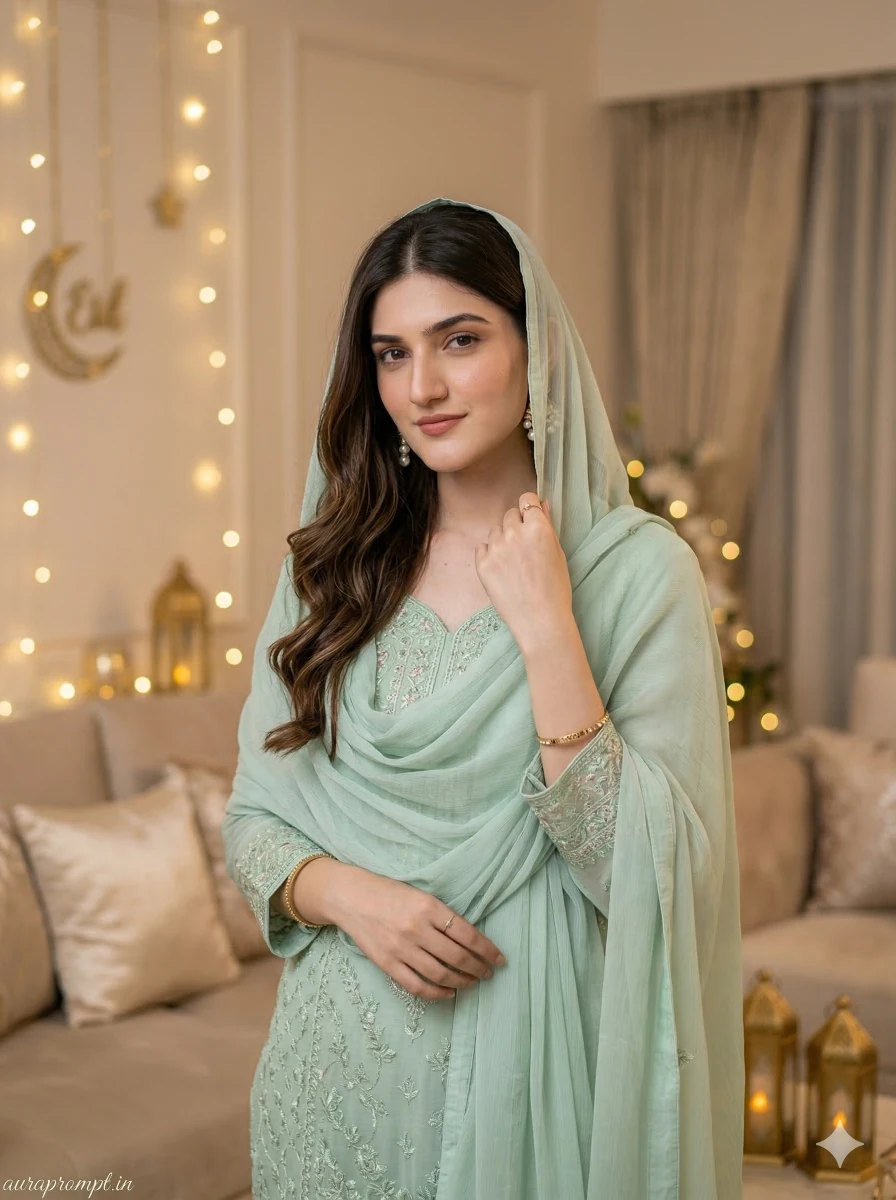 Elegant Eid Portrait of Indian Woman in Mint Green Salwar