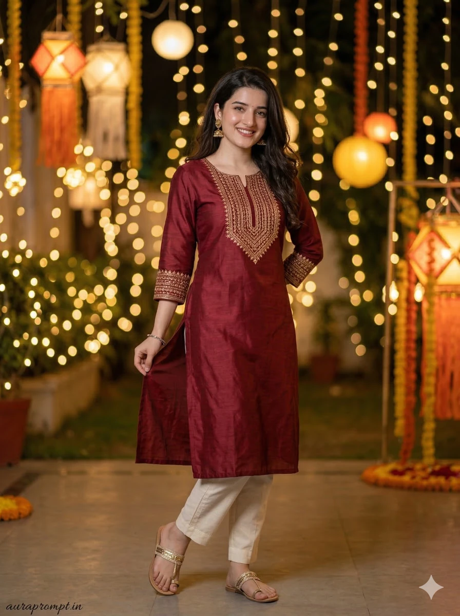 Elegant Indian Girl in Maroon Kurti at Diwali Festival