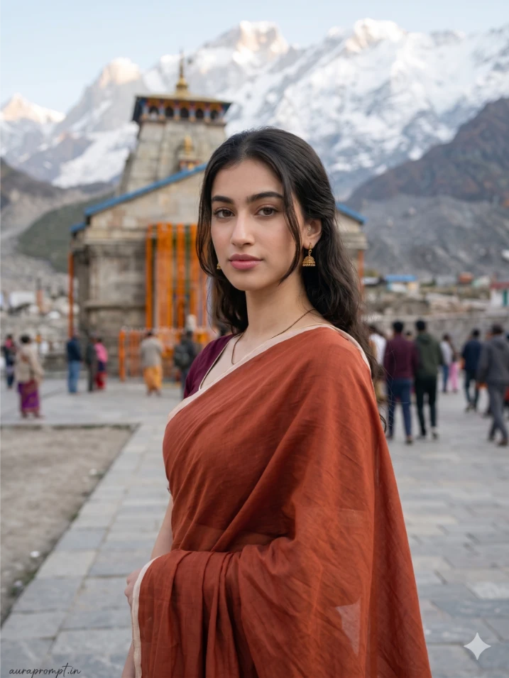 Elegant Indian Woman at Kedarnath Temple AI Portrait
