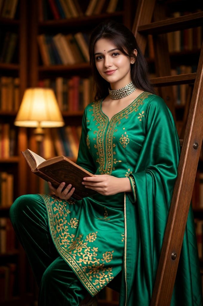 Emerald Silk Portrait on Library Ladder – 8K Vintage