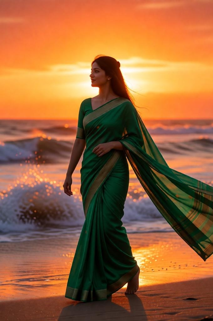 Emerald Silk Sunset Portrait – 8K Dreamy Romantic Photo
