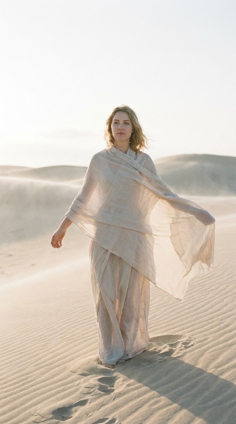 Ethereal Female Portrait Among Sand Dunes at Dawn