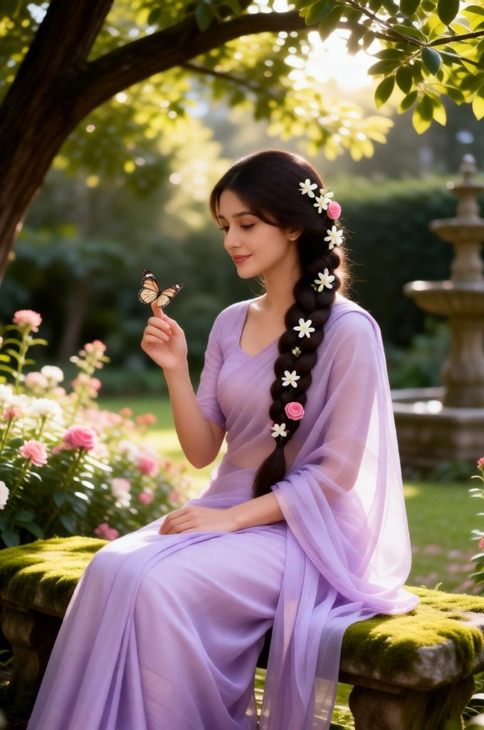 Ethereal Garden Portrait: Lavender Saree Woman