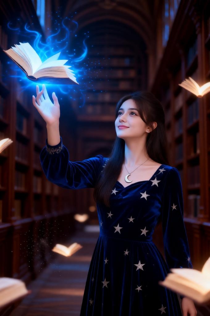 Ethereal Library Portrait of a Woman in Velvet Gown