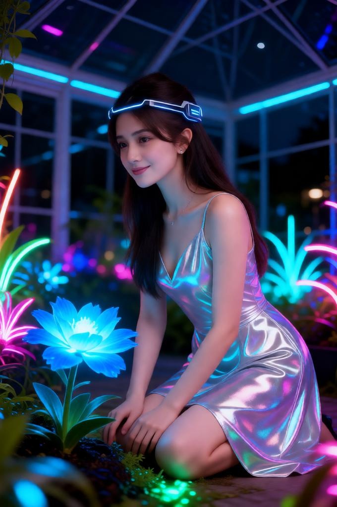 Ethereal Neon Greenhouse Portrait – 8K Female Model