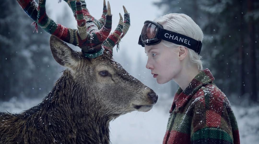Ethereal Winter Portrait: Woman & Majestic Deer in Snow
