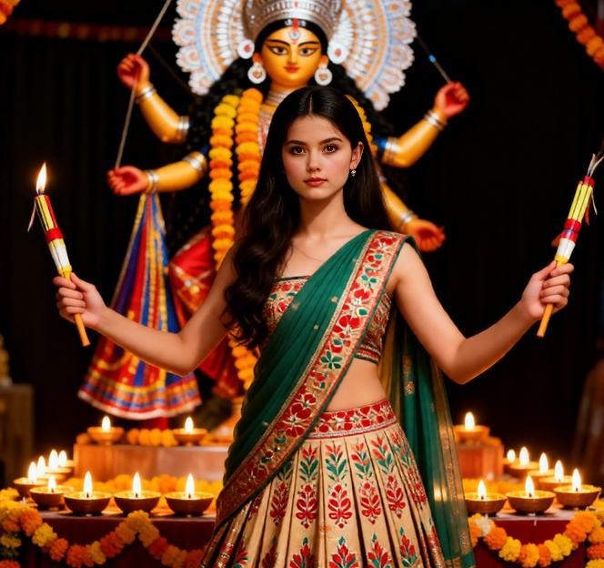 Festive Garba Portrait: Lehenga, Choli & Durga Idol