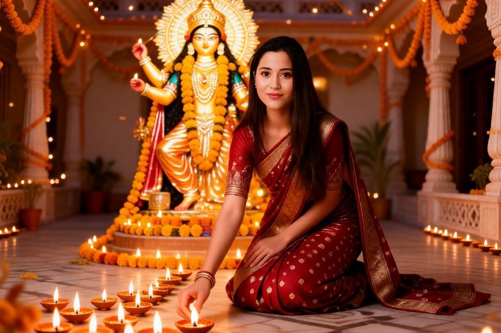 Festive Navratri Portrait of Young Indian Woman Lighting Diyas