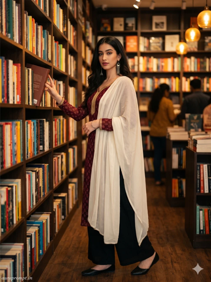 Gemini AI Girl in Burgundy Kurta – Editorial Bookstore Portrait