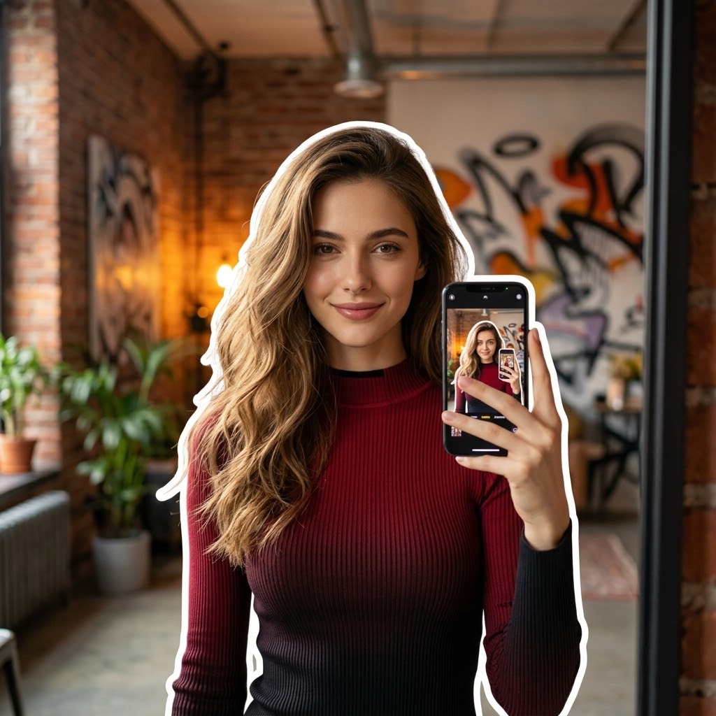 Gen-Z Mirror Selfie Portrait with Sticker-Cutout Outline Effect